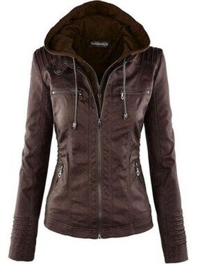 Women's Dark Brown Hooded Faux Leather Long Sleeve Zipper Motorcycle Jacket